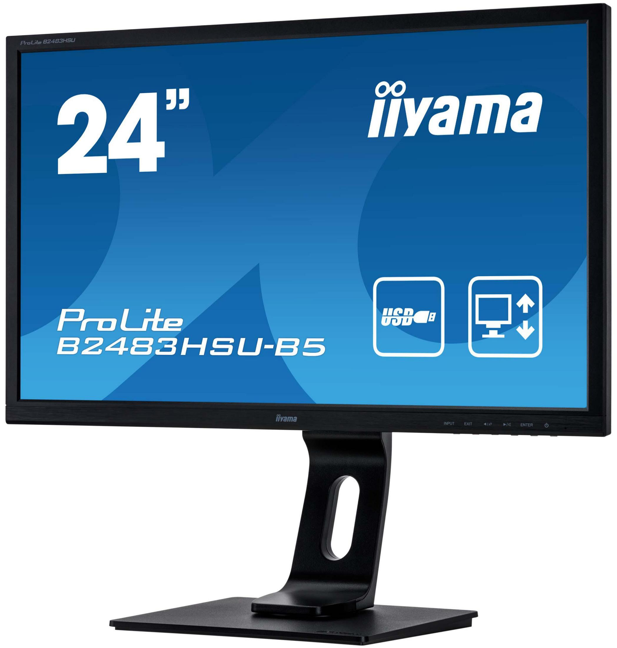 Ein schwarzer Computermonitor mit blauem Bildschirm und dem Wort "iiyama" darauf.