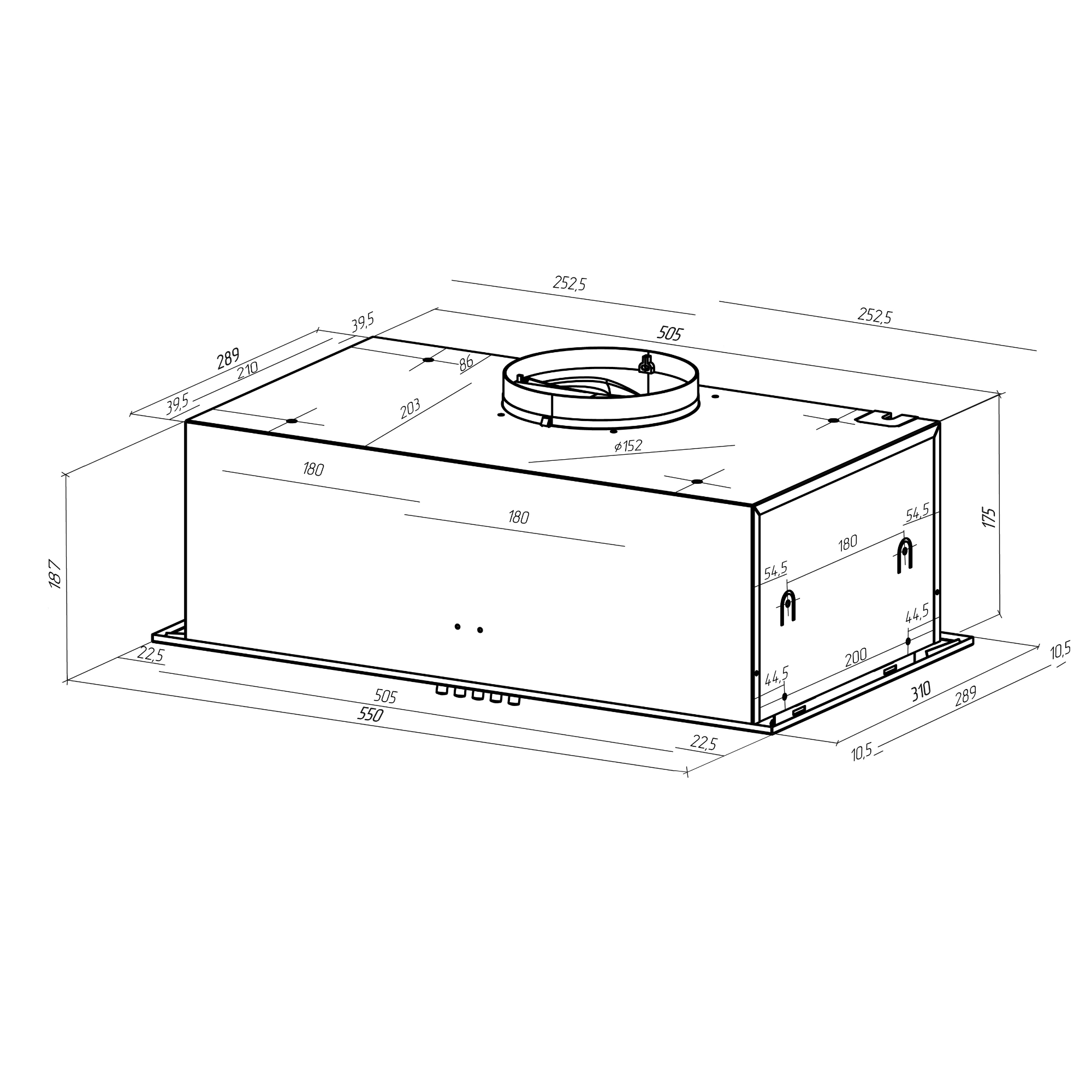 Disegno tecnico di una cappa aspirante con dimensioni ed etichette. Mostra un design rettangolare con uno sfiato rotondo.