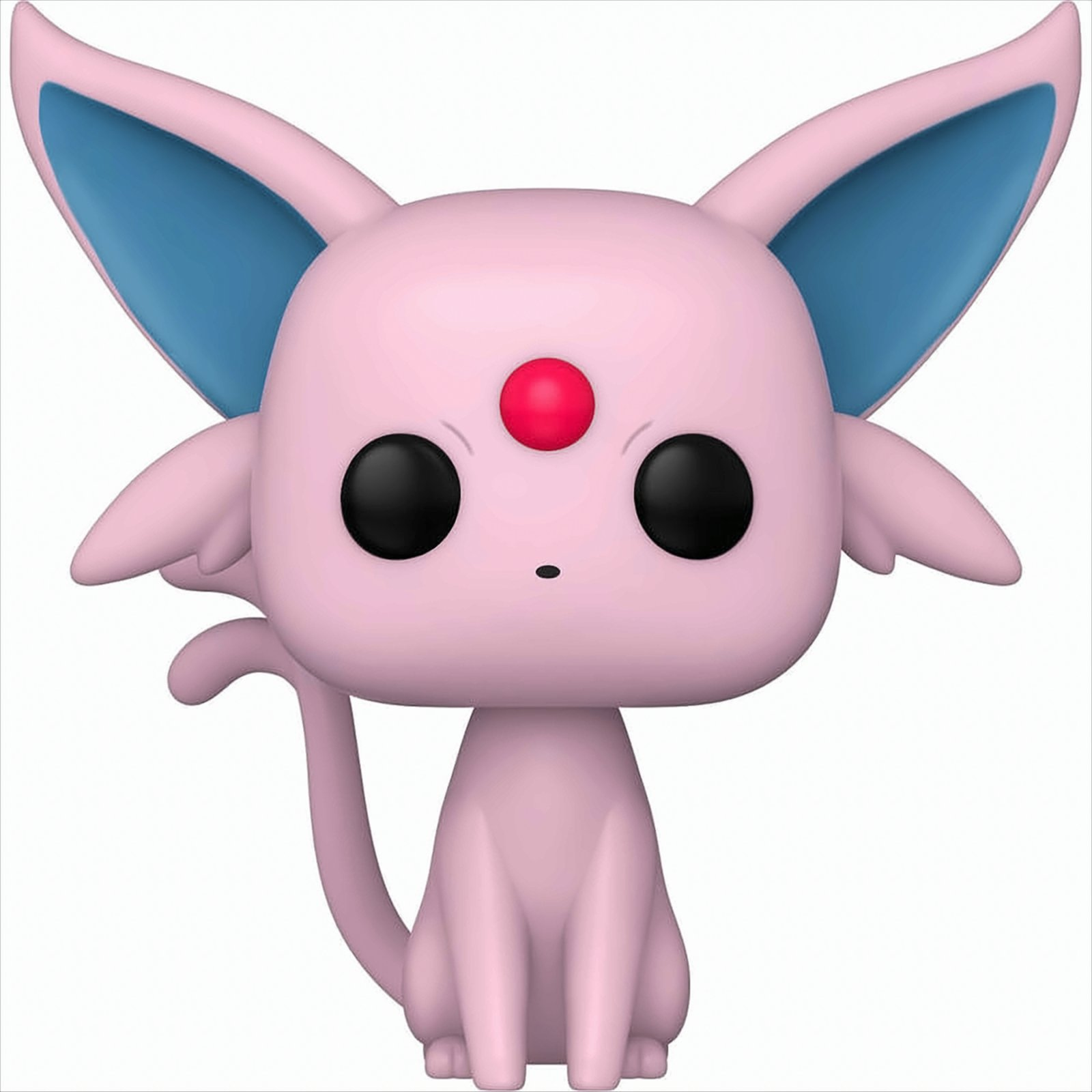 Rosa Pokemon Figur mit blauen Ohren und rotem Punkt. Weißer Hintergrund. Funko Pop Stil.