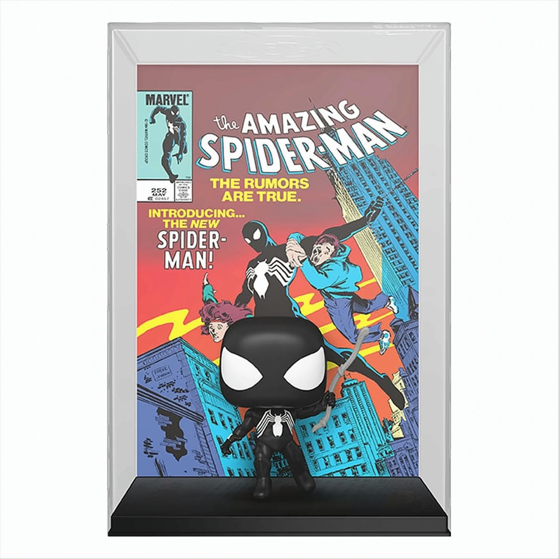 Una figura Funko Pop di Spider-Man in una vetrina trasparente davanti a una copertina di fumetti.