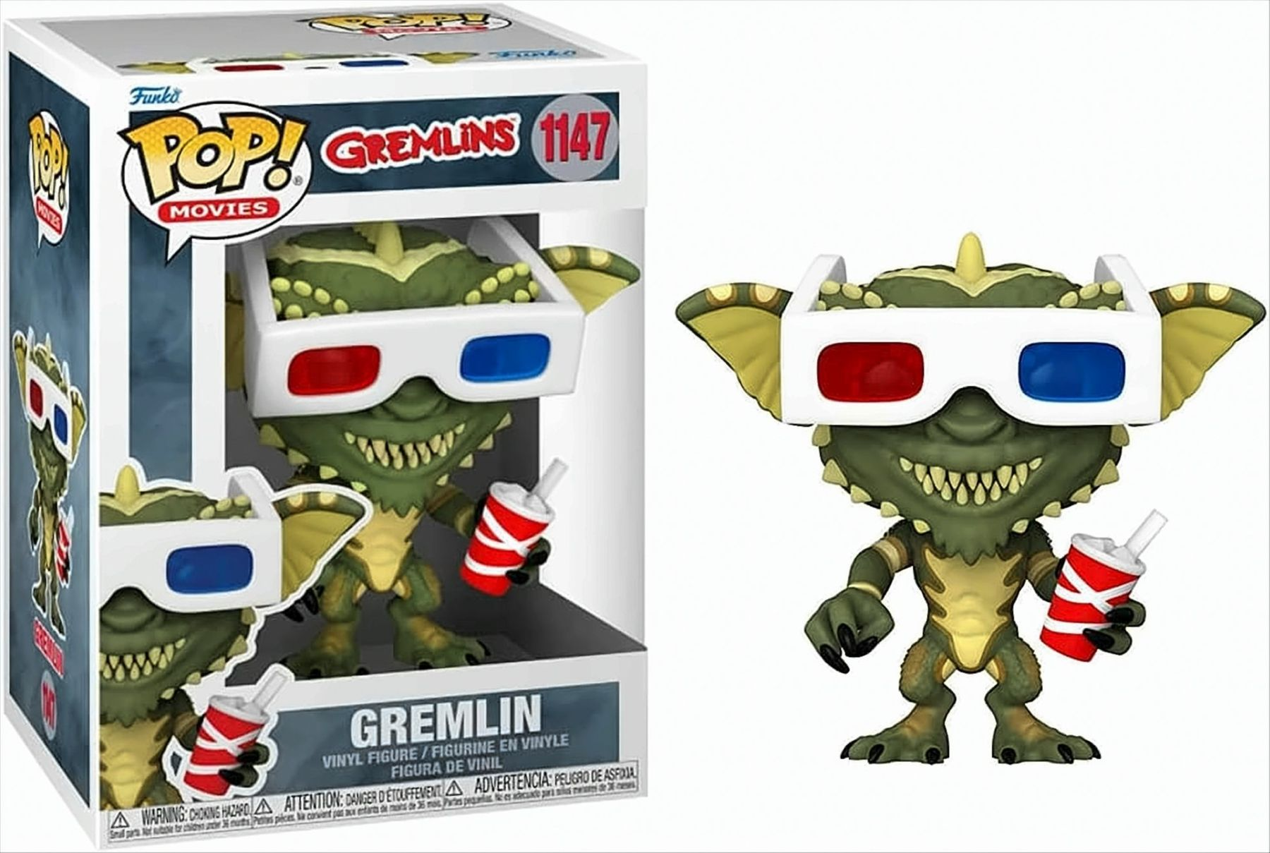 Funko Pop! Gremlin Figur mit 3D-Brille und einem Getränk. Die Figur befindet sich in einer Box.