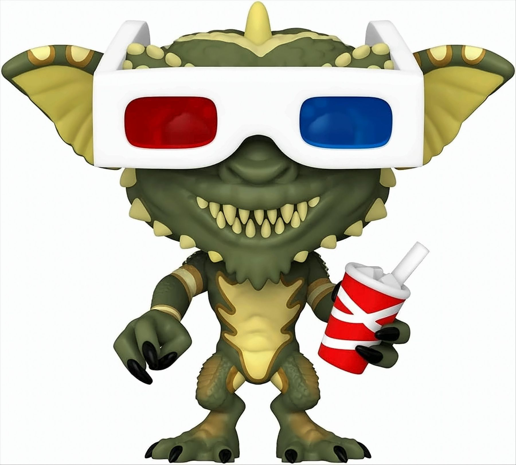 Gremlin-Figur mit 3D-Brille und rotem Becher. Es hat grüne Haut und gelbe Akzente.