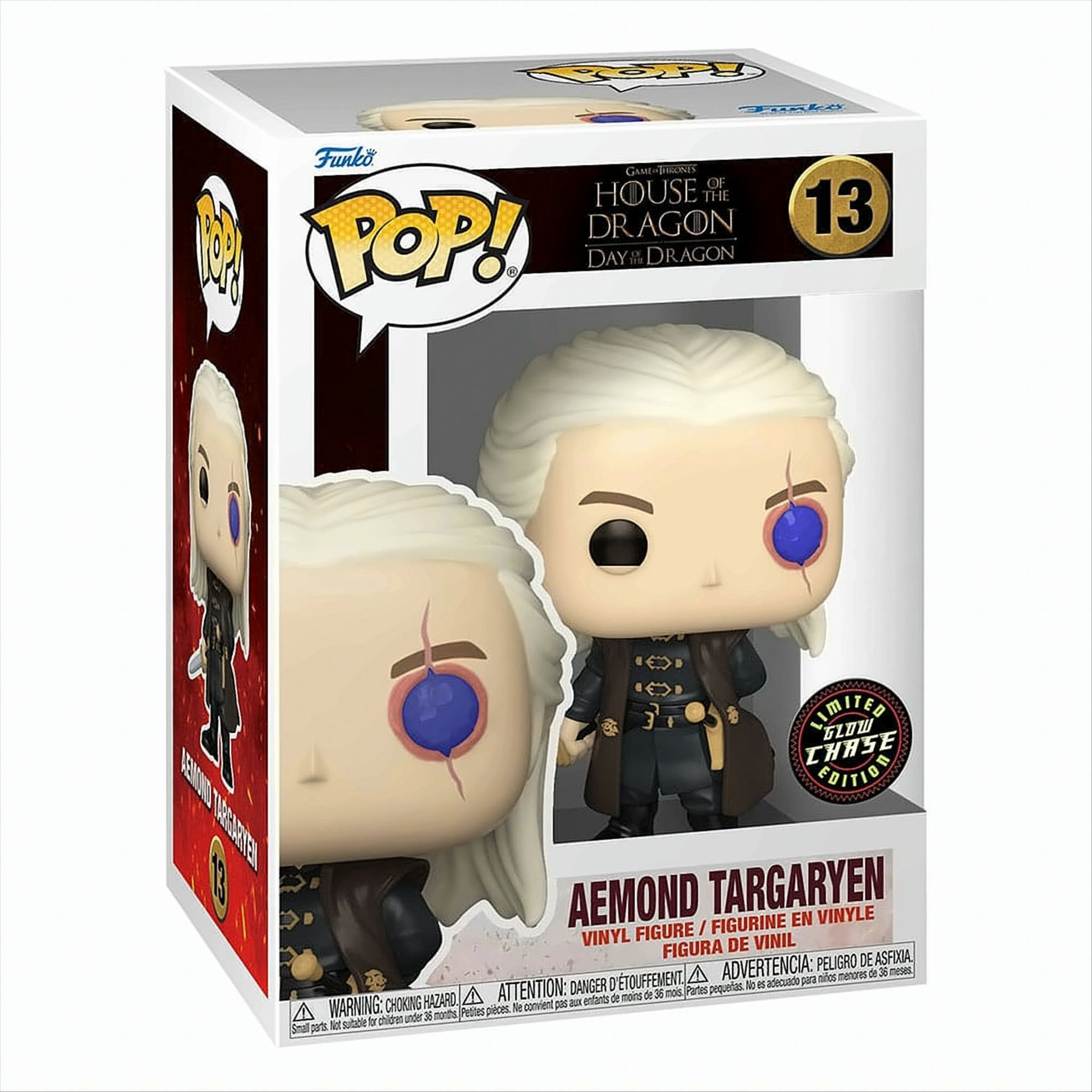 Aemond Targaryen Funko Pop Figur in einer Box mit weißem Hintergrund.