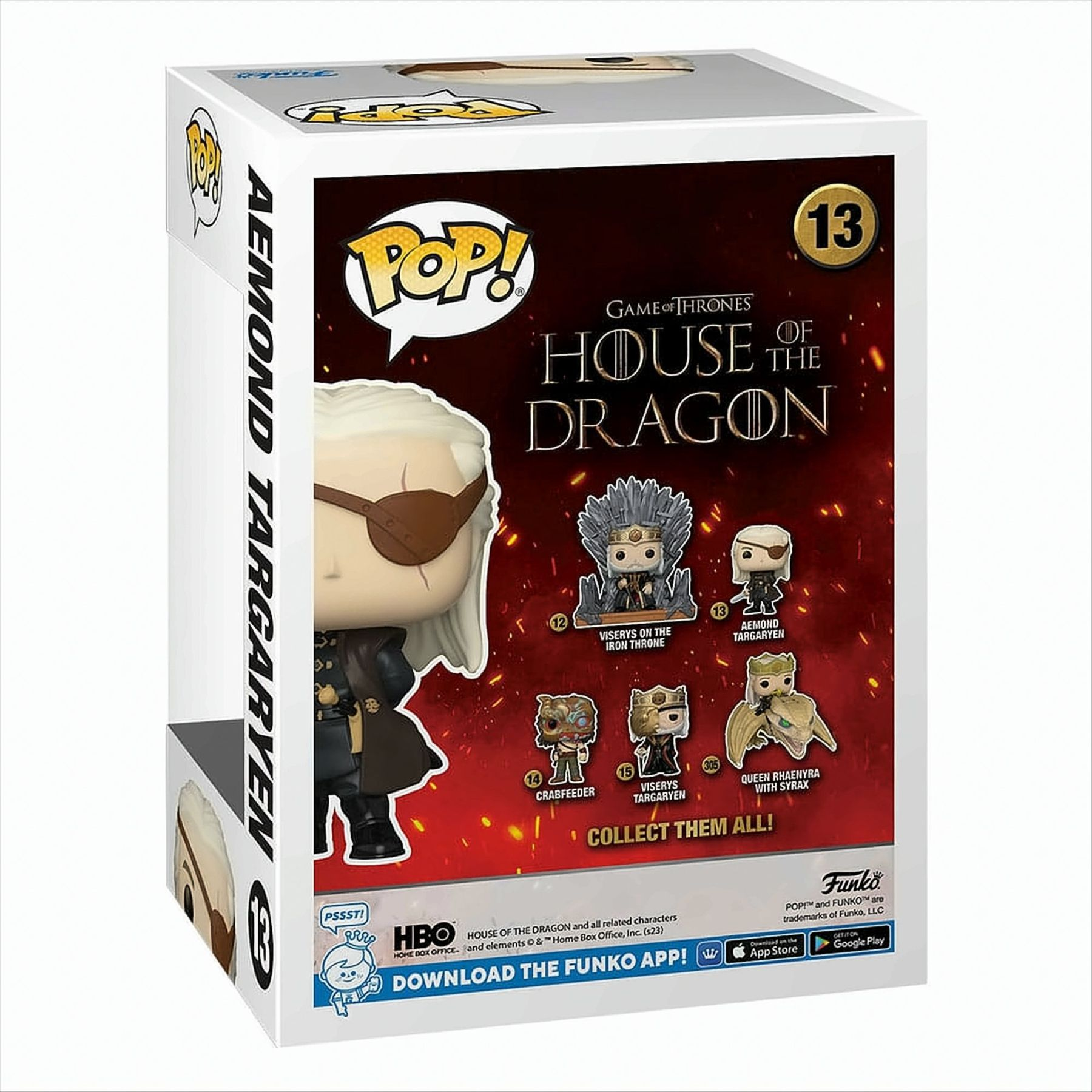 Eine Funko Pop-Box mit Aemond Targaryen aus House of the Dragon und anderen Charakteren.
