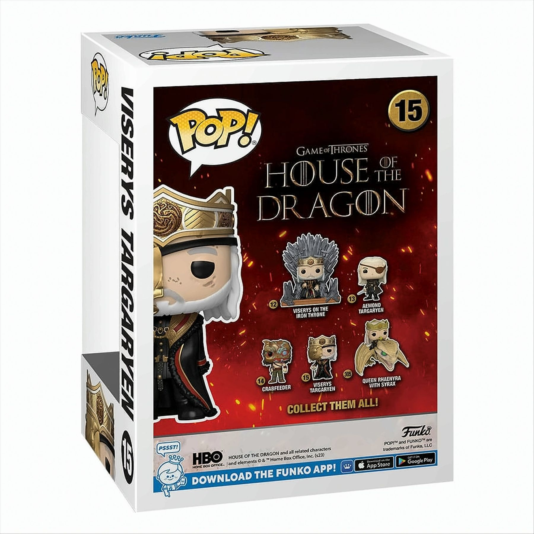 Eine Funko Pop-Box mit der Game of Thrones-Figur Viserys Targaryen. Die Box ist weiß, mit Charakterbildern.