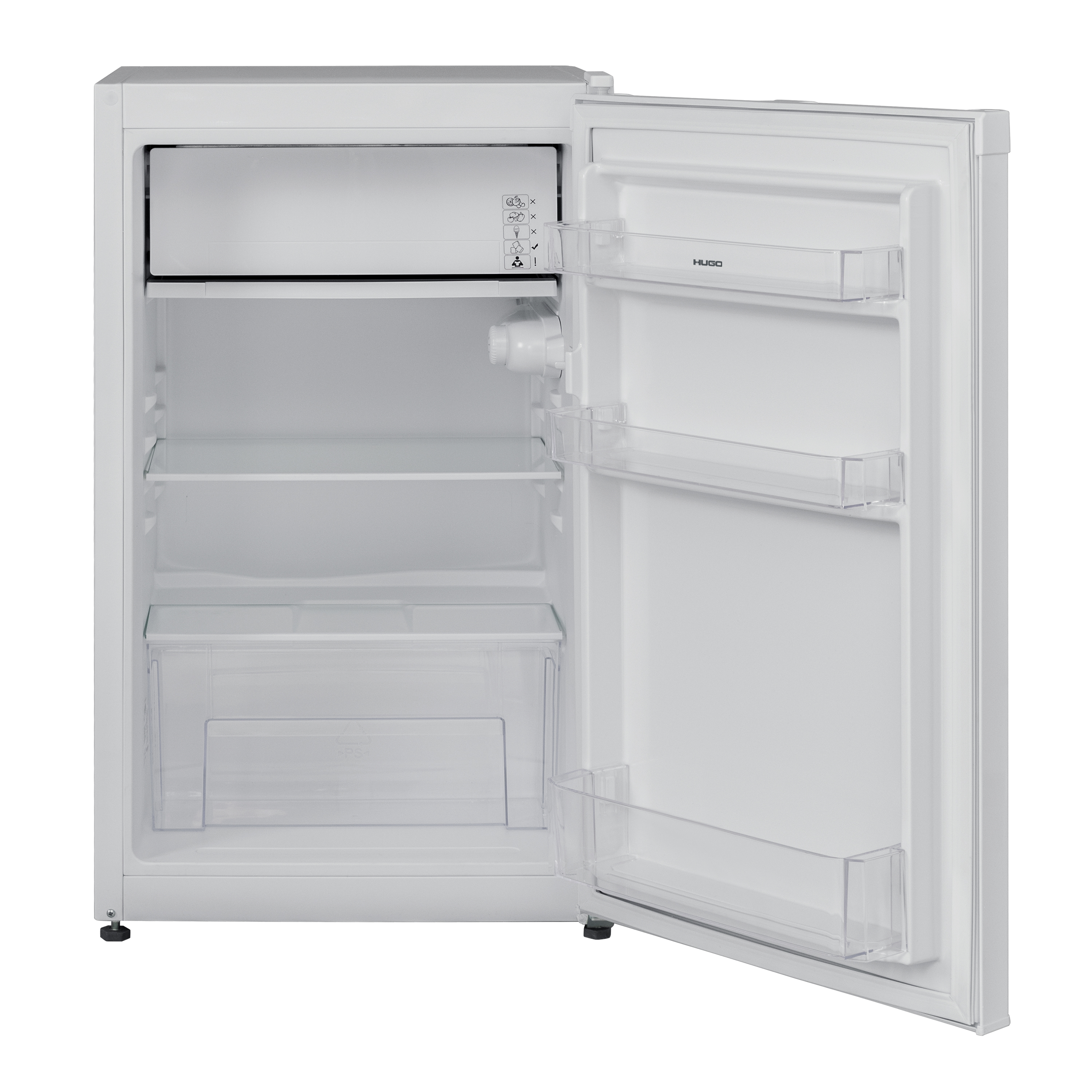 Weißer Kühlschrank mit geöffneter Tür, der Regale und Schubladen im Inneren zeigt.