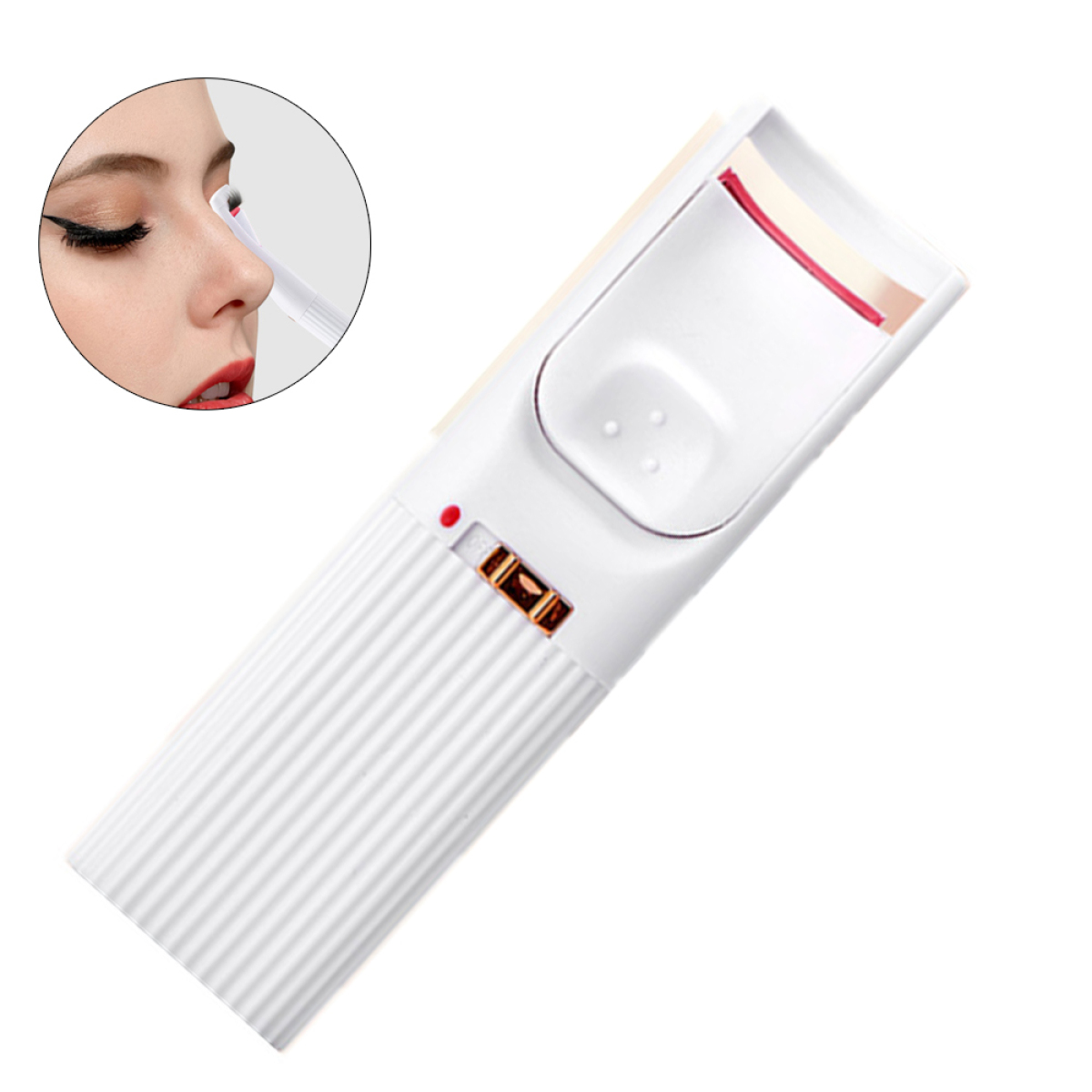 Weißer Wimpernzange mit Gesichtsausschnitt einer Frau. Verfügt über ein rotes Licht.