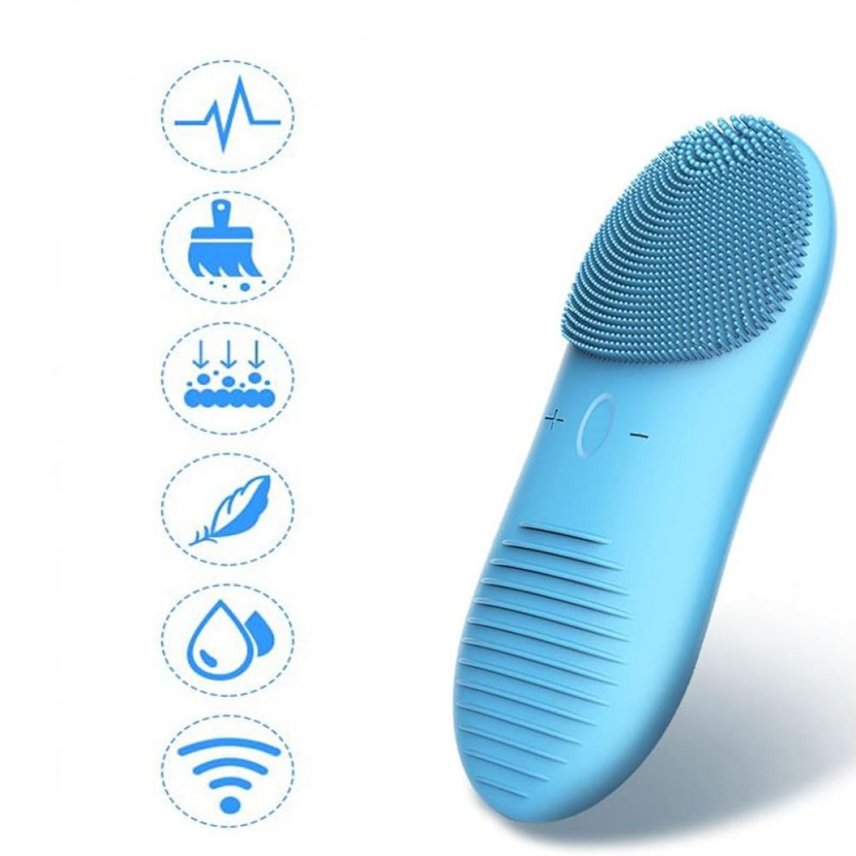 Blaue Gesichtsbürste mit Symbolen, die Funktionen zeigen: Wellen, Bürste, Blasen, Feder, Tropfen, WLAN.