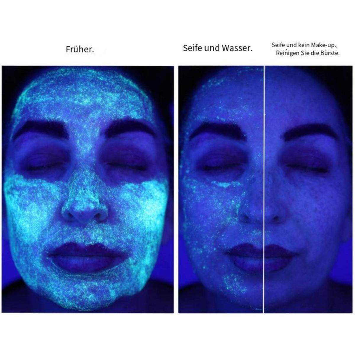 Zwei Gesichter unter blauem Licht. Eines vorher, eines nachher, mit Seife und Wasser und Reinigung.