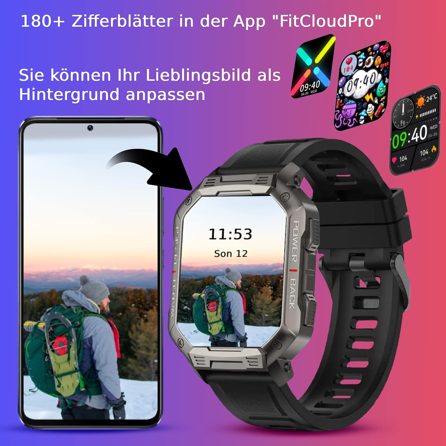 DINITECH Armbanduhr Sportuhr Smartwatch Legierung Silikon, Schwarz 1x Armbänd