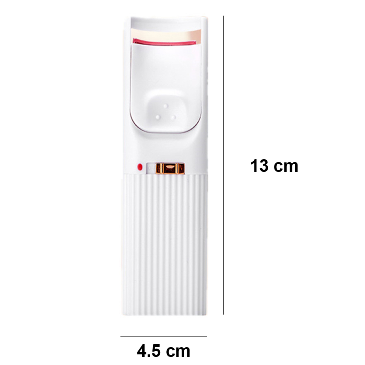 Ein weißer Wimpernformer, 13 cm hoch und 4,5 cm breit, mit roten Akzenten. Der Former ist offen.