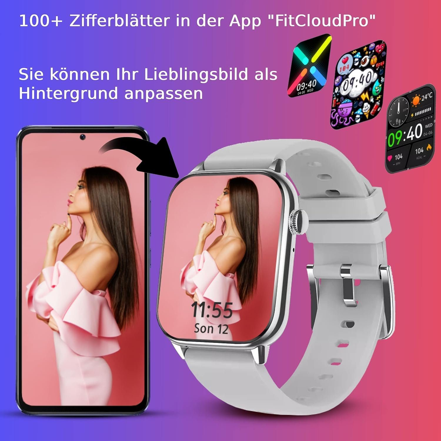 Grau Armbanduhr Smartwatch Fitness Legierung DINITECH Armbänd Tracker 1x Silikon,