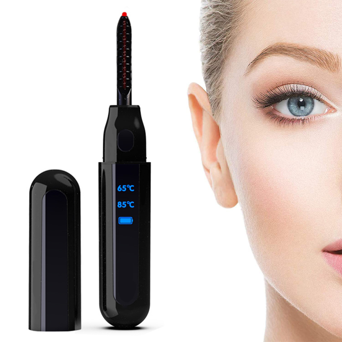 Schwarze Wimpernzange mit Frauenauge. Gerät hat Display mit 65°C und 85°C.
