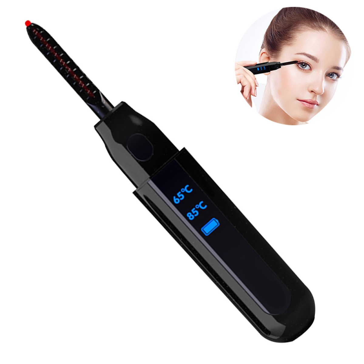 Schwarze Wimpernzange mit Digitalanzeige der Temperatur und einer Frau, die sie an ihrem Auge benutzt.