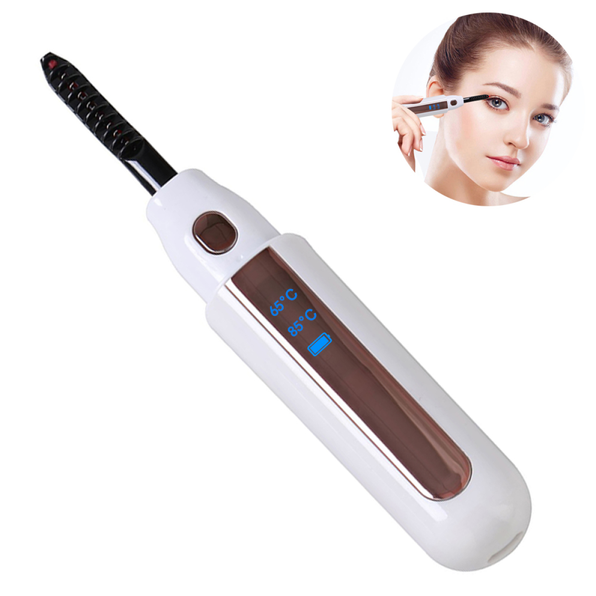 Weiß-braune Wimpernzange mit Digitalanzeige. Eine Frau benutzt sie.