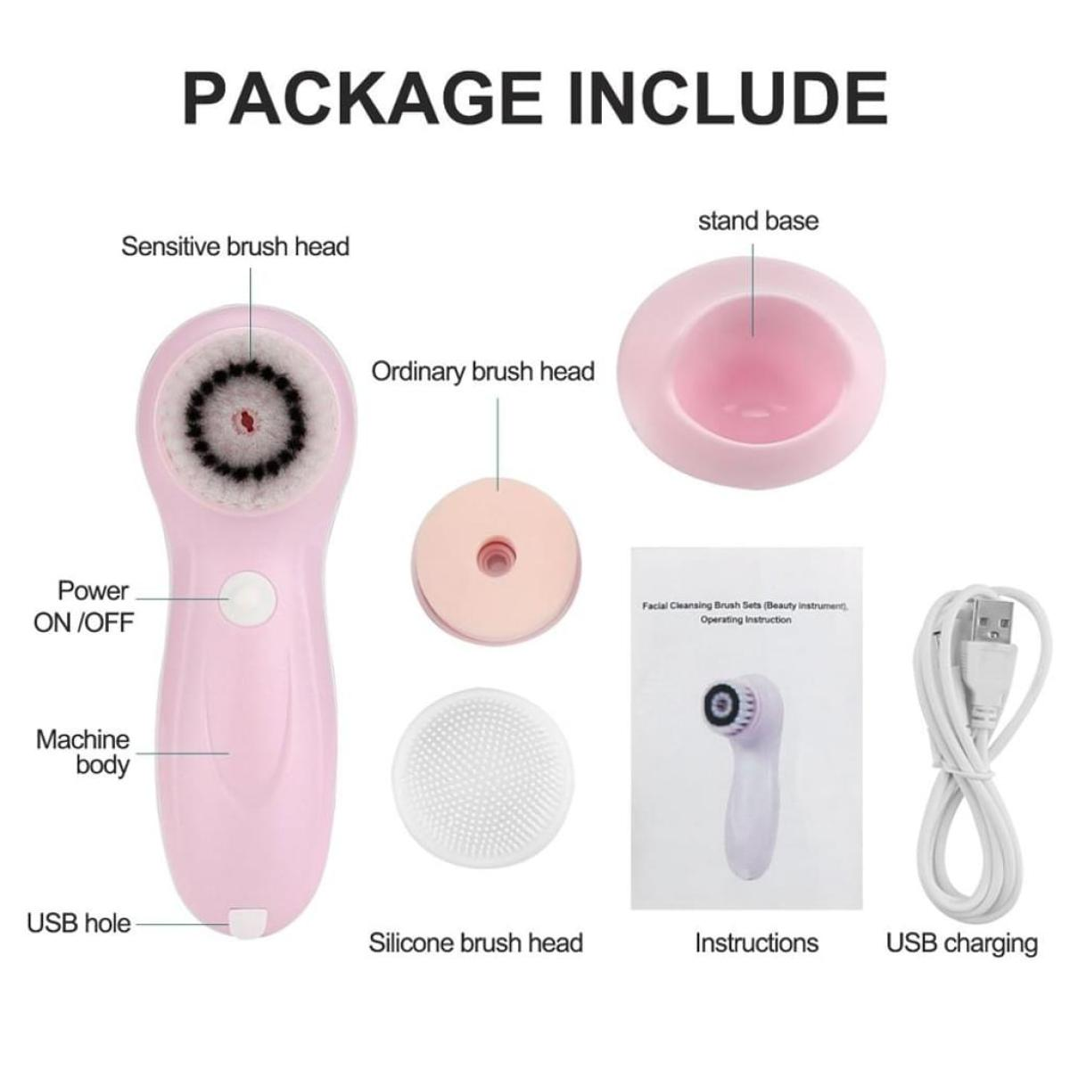 Pinkes Gesichtsreinigungsbürstenset mit Zubehör, einschließlich Bürstenköpfen, Anweisungen und USB-Ladegerät.