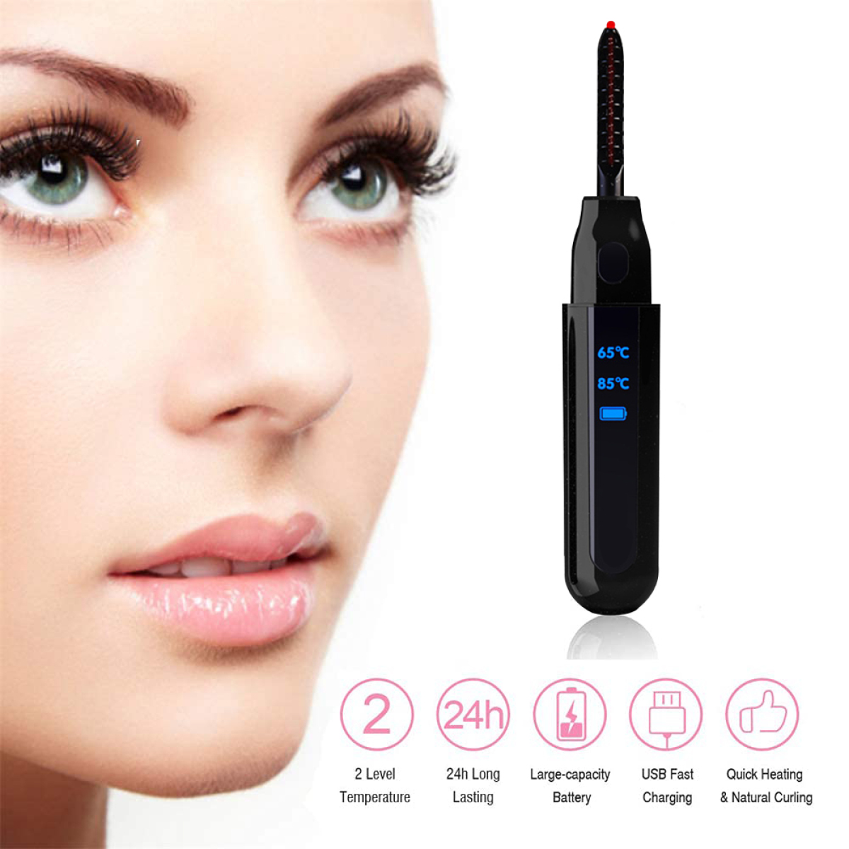Gesicht einer Frau neben einem schwarzen Wimpernformer. Former hat ein Display. Text: 2 Level Temperature.