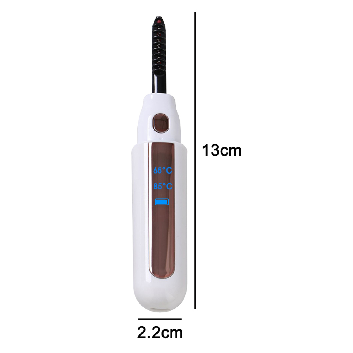 Eine Wimpernzange, weißer Griff, mit Temperatureinstellungen in Celsius. Abmessungen sind angegeben.