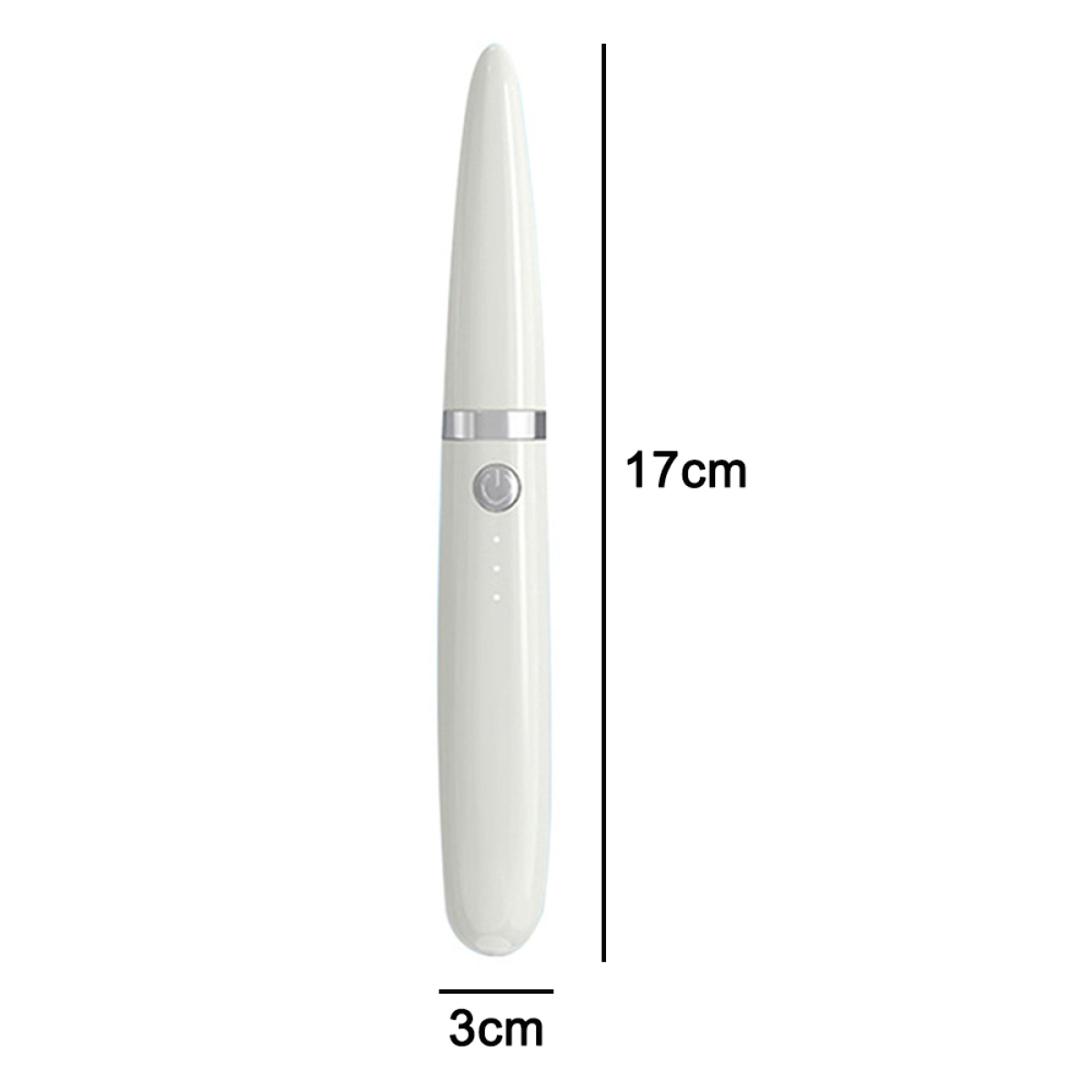 Weißes stiftförmiges Gerät mit Ein-Aus-Taste und drei kleinen Punkten. 17cm Länge, 3cm Breite.