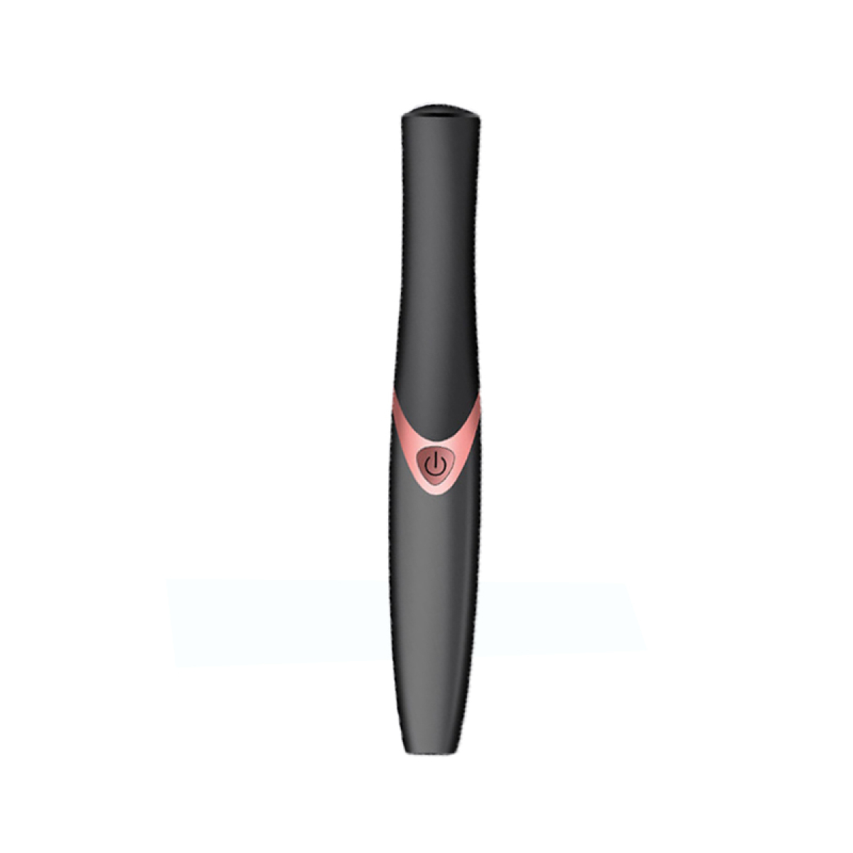 Schwarze Wimpernzange mit pinkfarbener Taste. Der Curler ist glatt und hat ein schlankes Design. Auf weißem Grund.