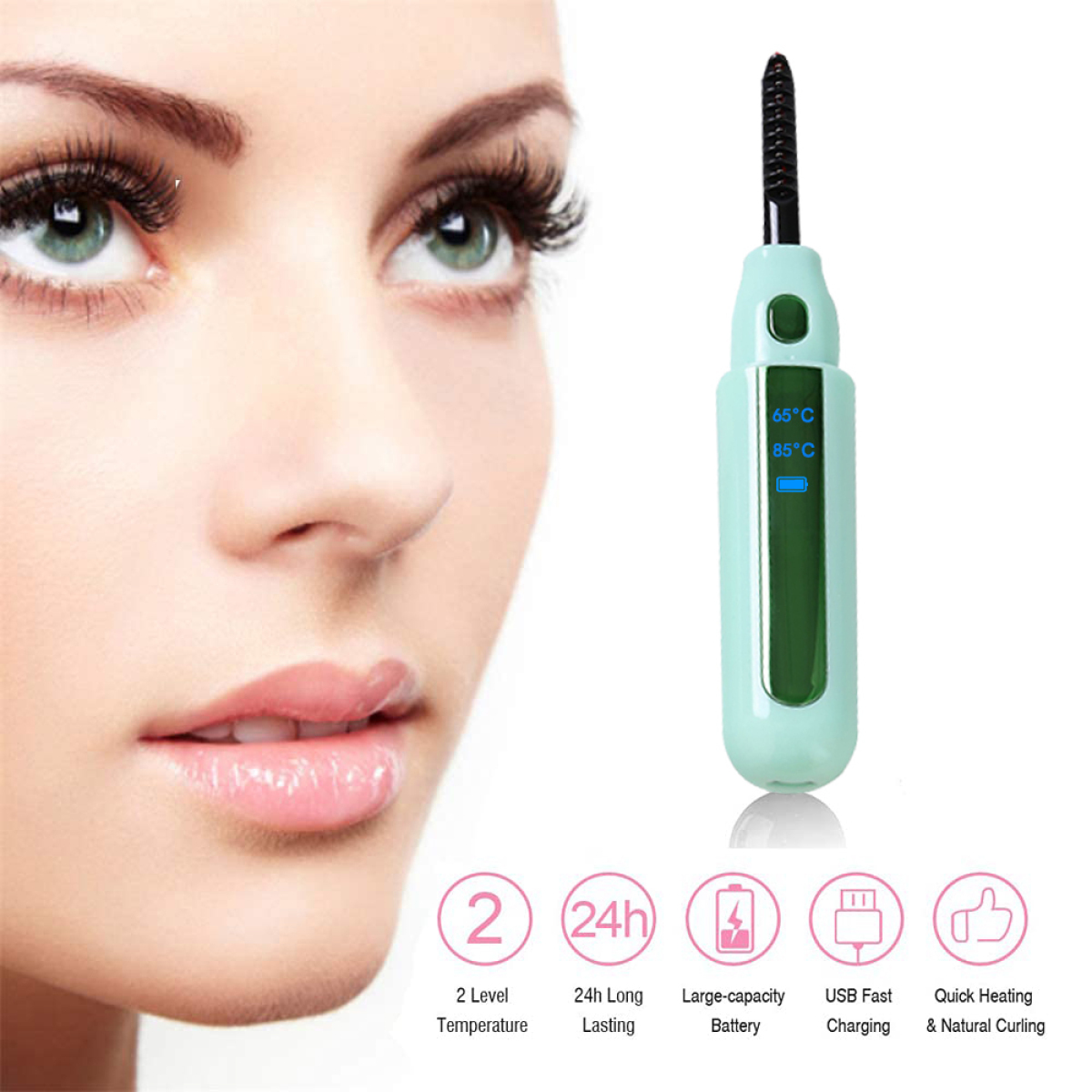 Gesicht einer Frau mit Wimpernzange. Die Zange ist türkis und zeigt Temperatureinstellungen.