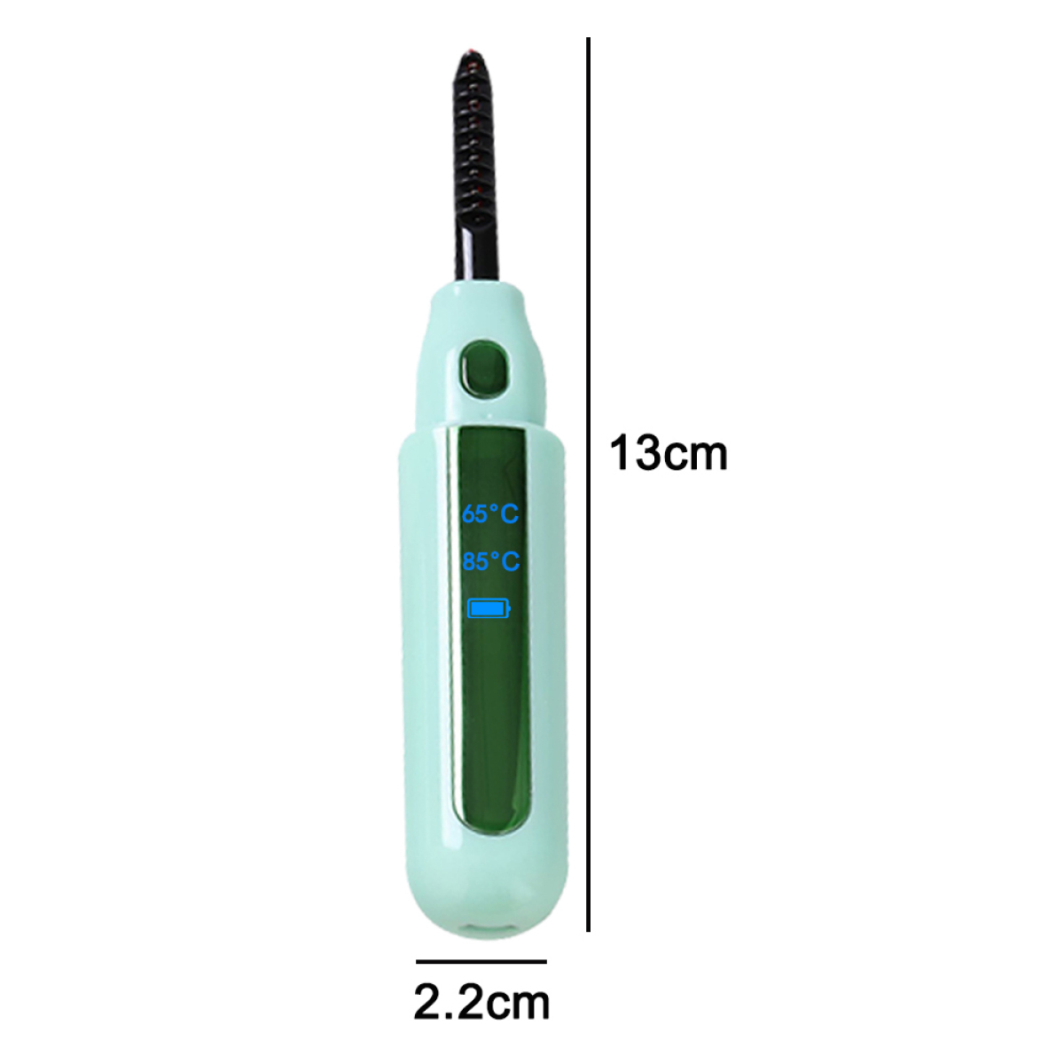 Türkisfarbener Wimpernformer mit digitaler Anzeige der Temperatureinstellungen. Er ist 13 cm lang, 2,2 cm breit.