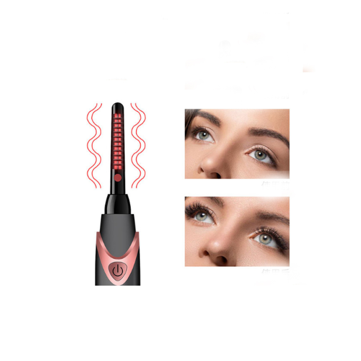 Wimpernzange mit wellenförmigen roten Linien und Vorher-/Nachher-Augenvergleichen.