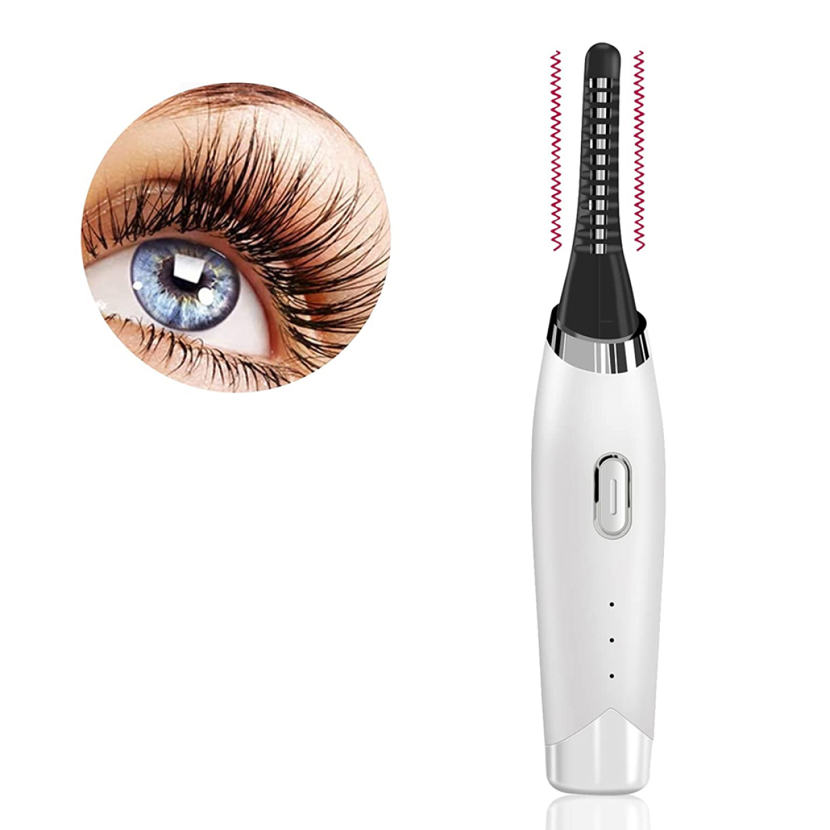 Auge mit langen Wimpern, neben einem weißen Wimpernformer mit roten Heizlinien.