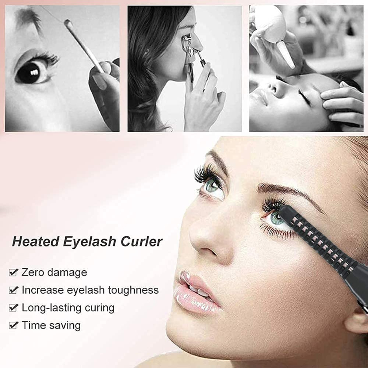 Das Auge einer Frau mit einem beheizten Wimpernformer. Text: Heated Eyelash Curler, und Vorteile.