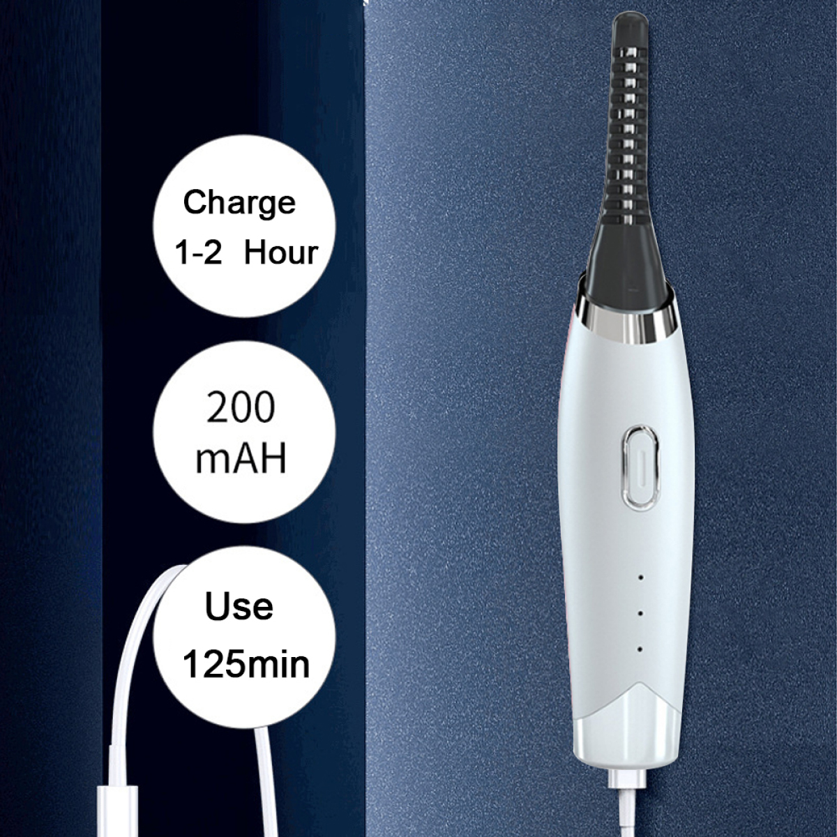 Weißer und silberner Wimpernformer mit Ladeinfo: 1-2 Std., 200 mAh, 125 Min. Nutzung.