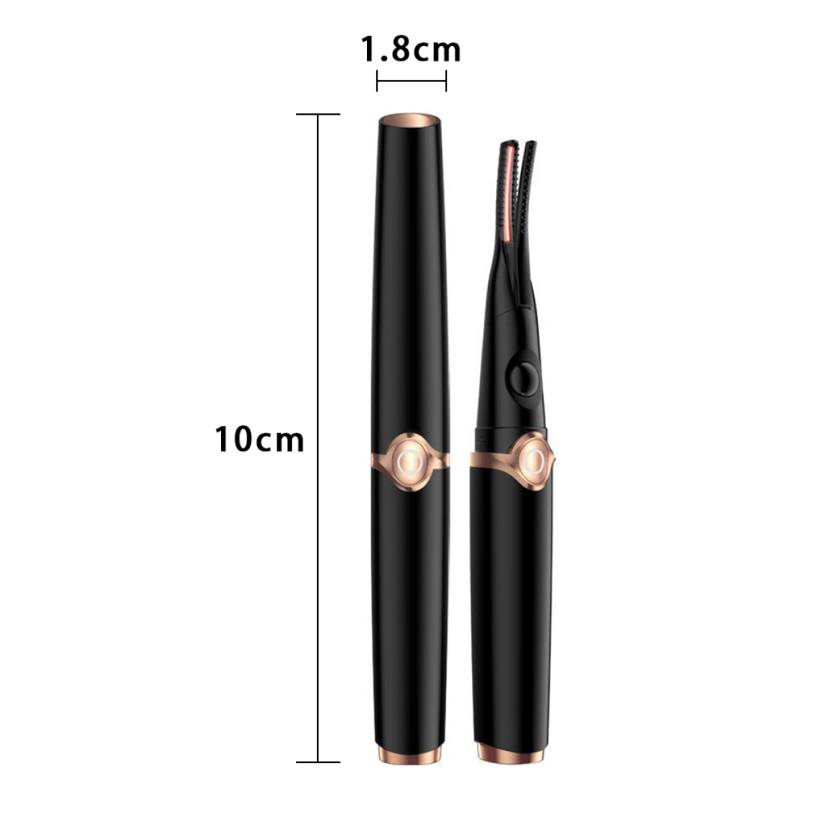 Schwarzer elektrischer Wimpernzange, 10 cm hoch, mit geöffneten und geschlossenen Positionen.