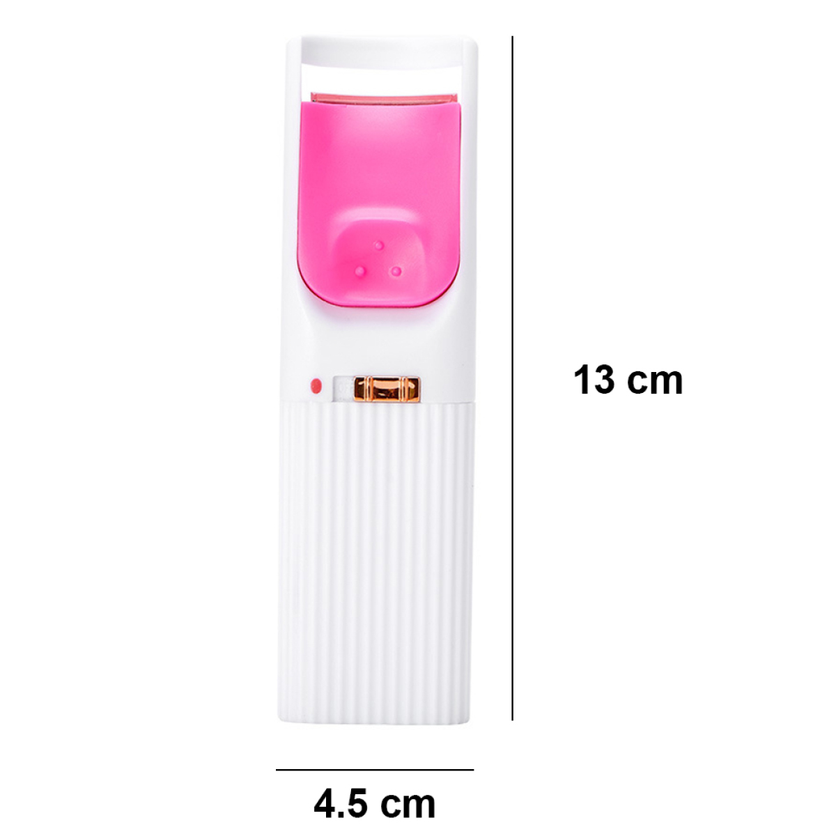 Ein weißer und rosa elektrischer Wimpernzange mit Maßangaben: 13 cm hoch, 4,5 cm breit.