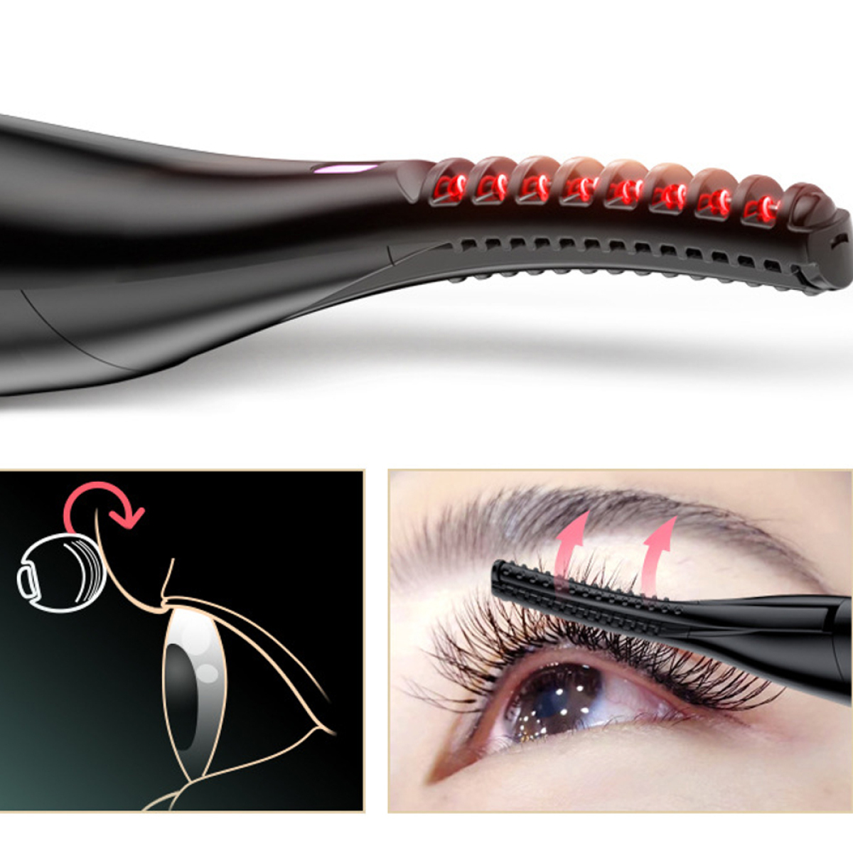 Wimpernzange mit roten Heizelementen. Diagramm zeigt Augen- und Wimpernanwendung.