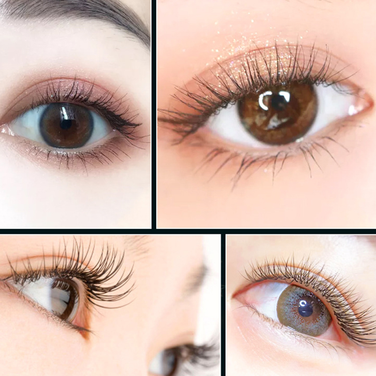 Vier Nahaufnahmen von Augen mit Make-up. Die Augen sind braun mit langen Wimpern. Make-up beinhaltet Lidschatten.