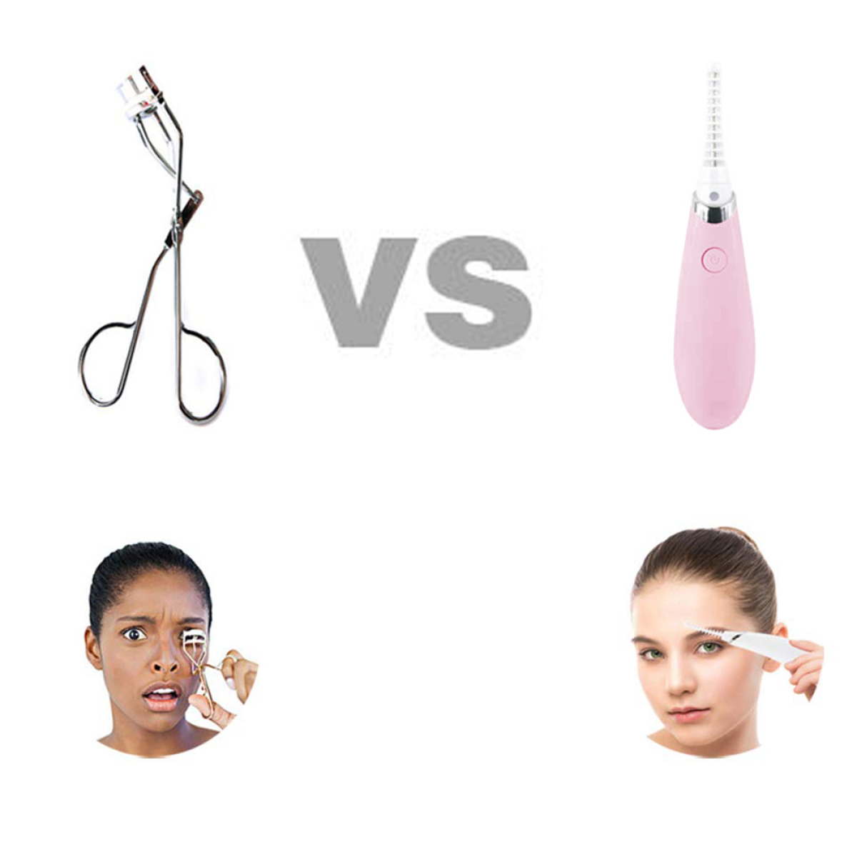 Vergleichsbild: Manuelle und elektrische Wimpernzangen mit Frauen, die sie benutzen. 'VS' in der Mitte.