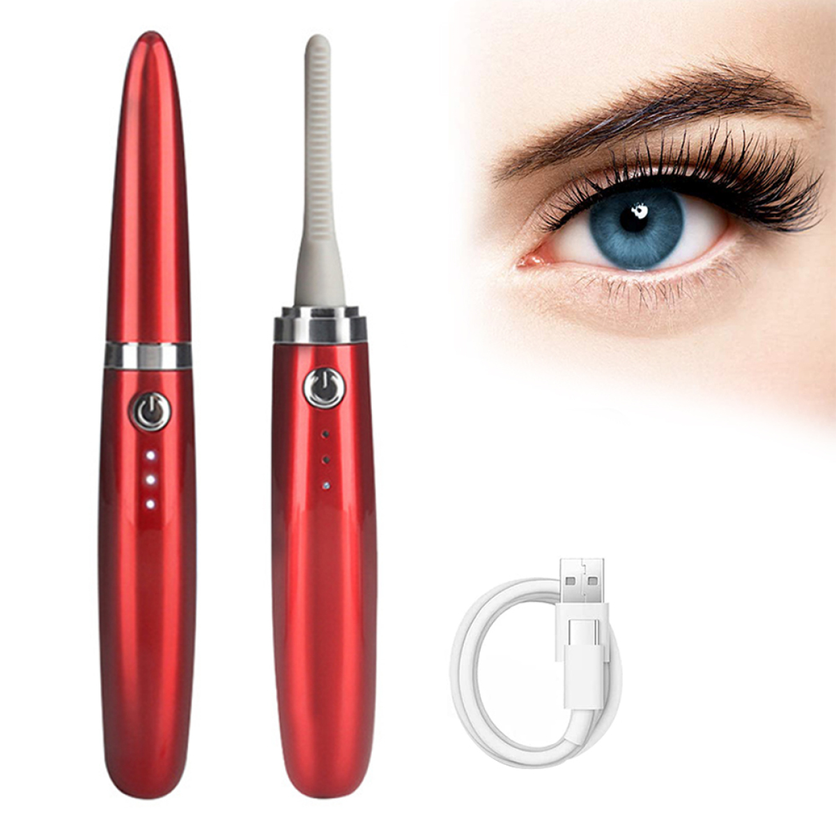 Roter Wimpernformer und ein separater, mit USB-Kabel und einem Frauenauge mit Mascara.