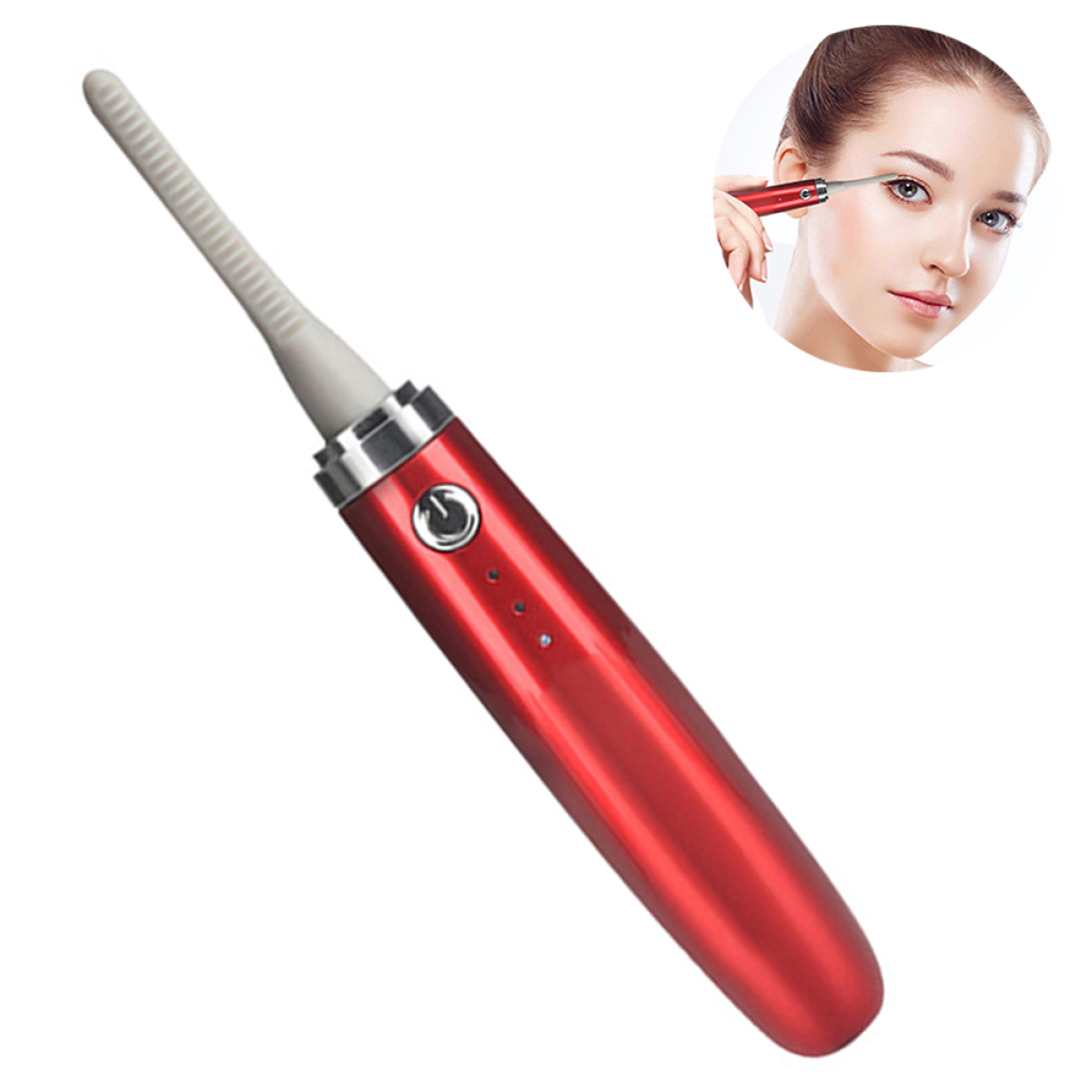 Roter elektrischer Wimpernzange mit einer Frau, die ihn benutzt. Enthält Ein/Aus-Taste und Lichter.