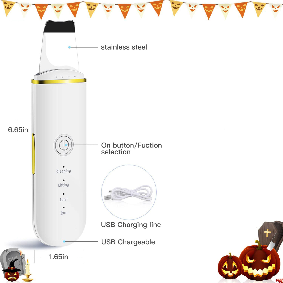 Ein weißes Gesichtsreinigungsgerät mit Messungen. Es hat Knöpfe und eine USB-Ladeleitung. Halloween-Dekorationen.