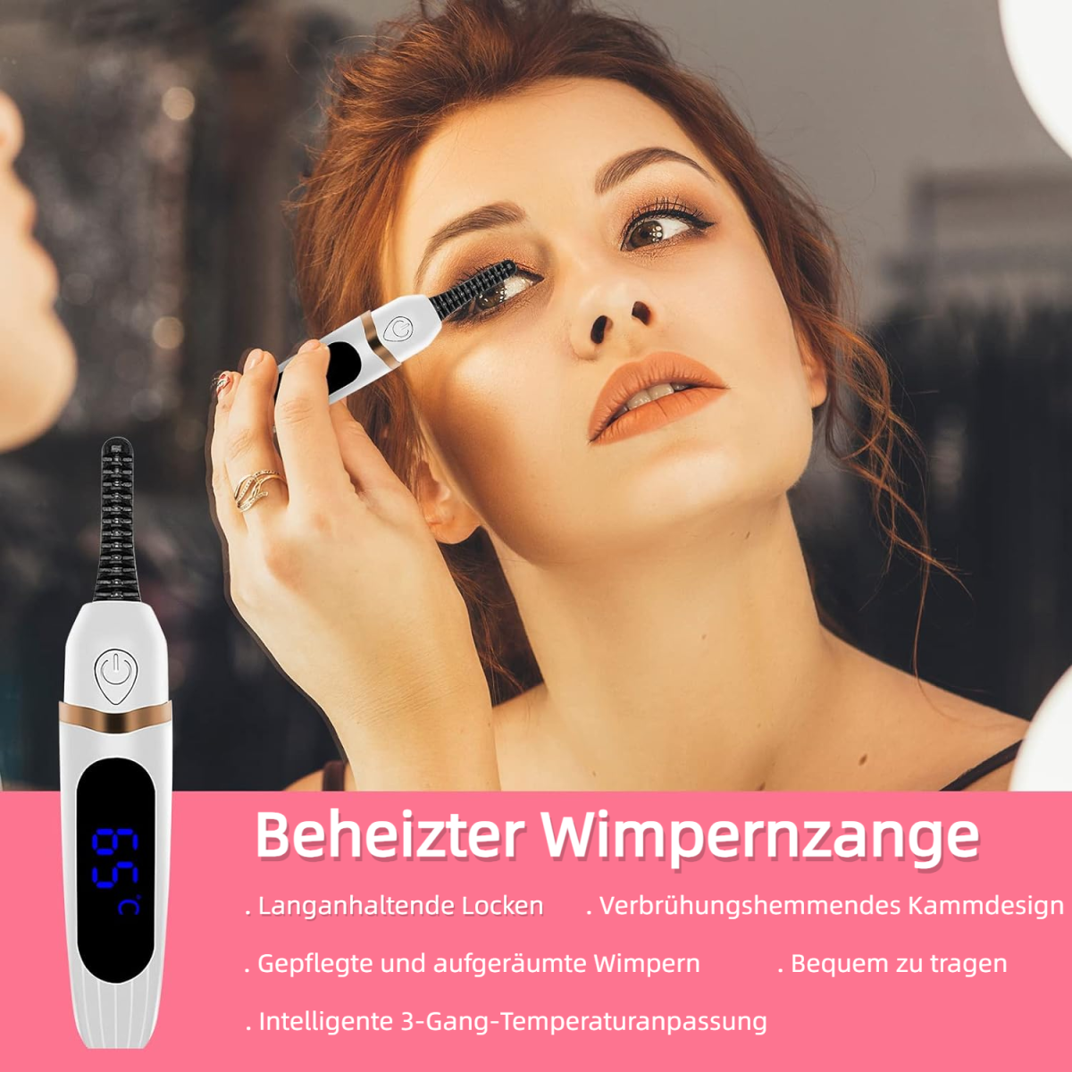 Frau benutzt einen elektrischen Wimpernformer. Der Former ist weiß und schwarz. Im Hintergrund ein Spiegel.