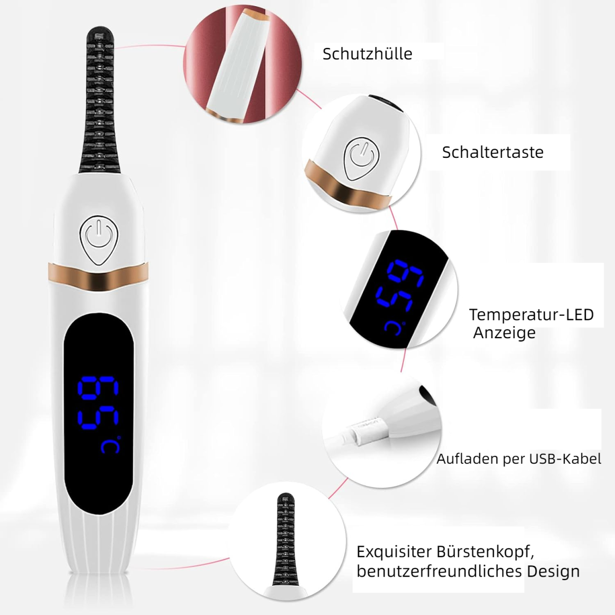Ein Wimpernformer mit Digitalanzeige und beschrifteten Diagrammen seiner Teile und USB-Ladekabel.