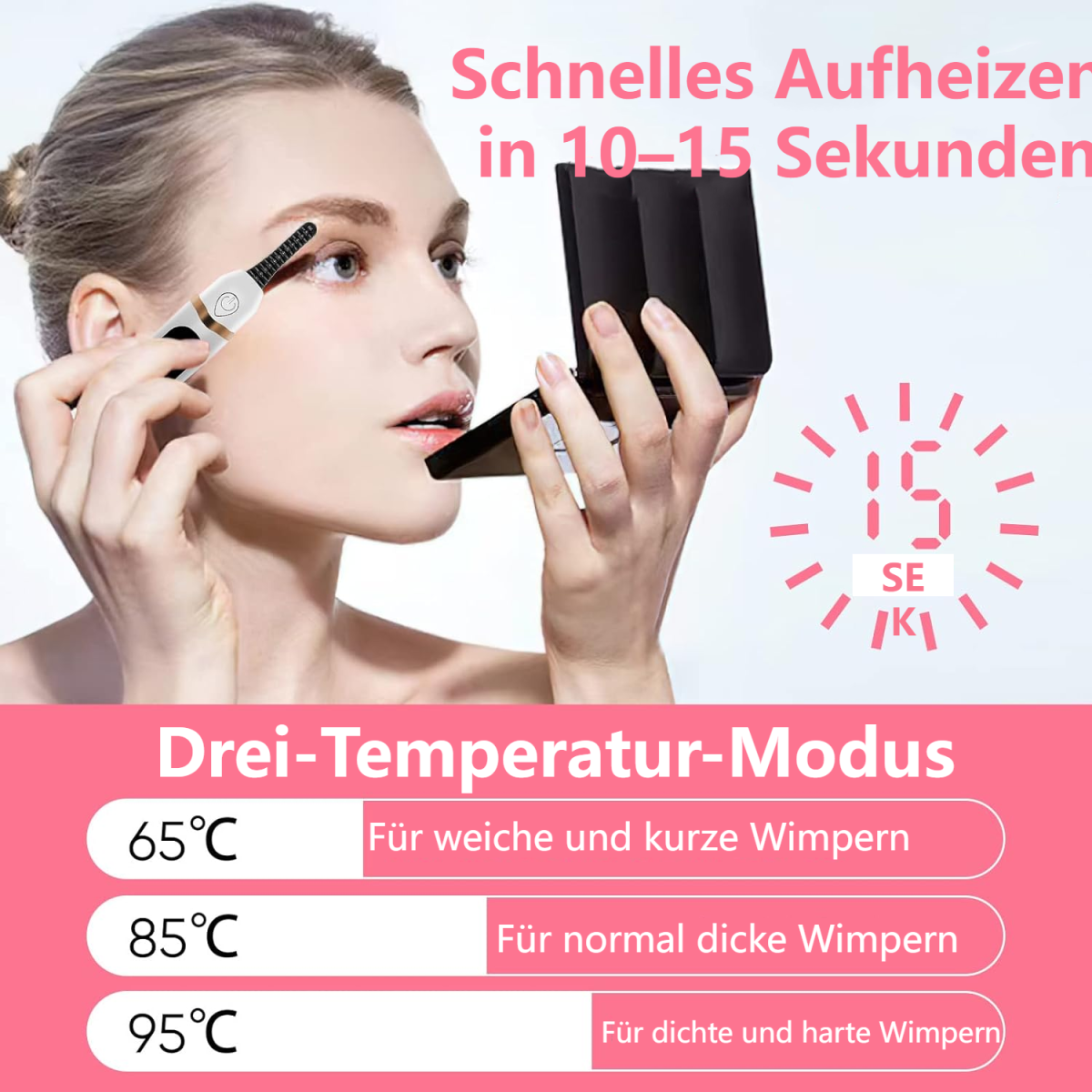 Frau benutzt Wimpernzange mit Spiegel. Drei Temperaturmodi: 65°C für weiche, kurze Wimpern, 85°C normal, 95°C für dick.