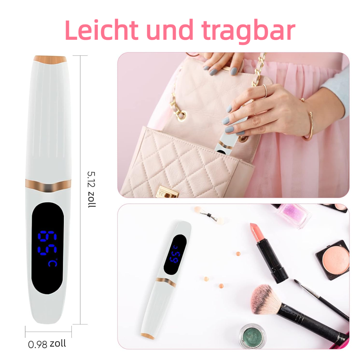 Wimpernzange mit Maßen. Frau legt Zange in Handtasche, Makeup auf Tisch.