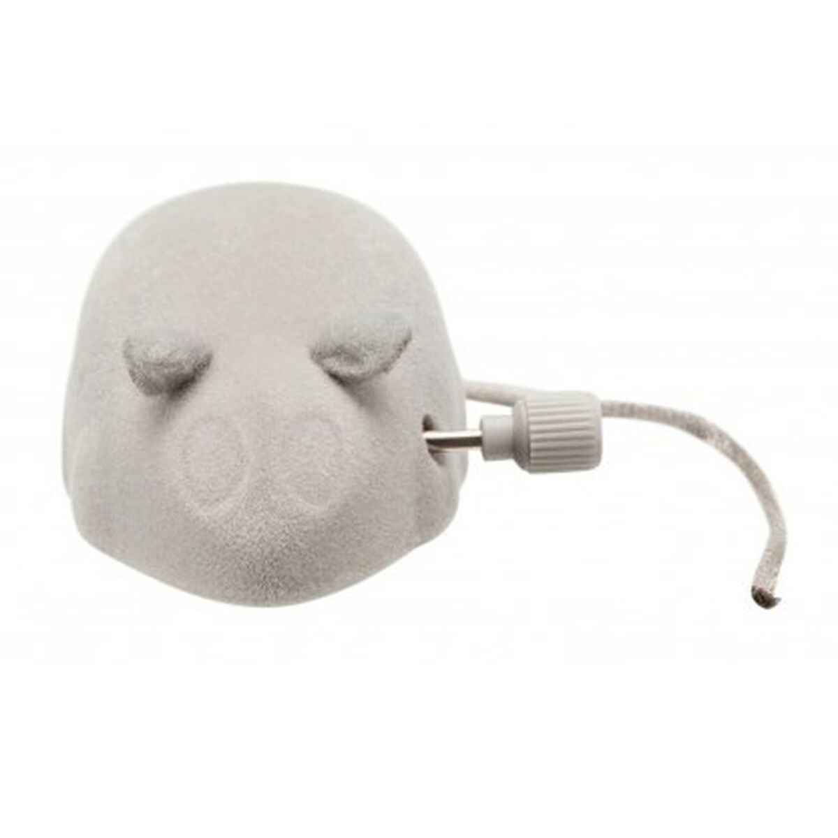 Szara zabawka w kształcie myszy z mechanizmem nakręcania i sznurkowym ogonem.