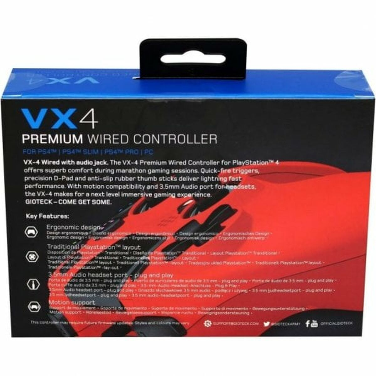 Spielcontroller-Verpackung, roter Controller. Text: VX4 Premium Wired Controller.