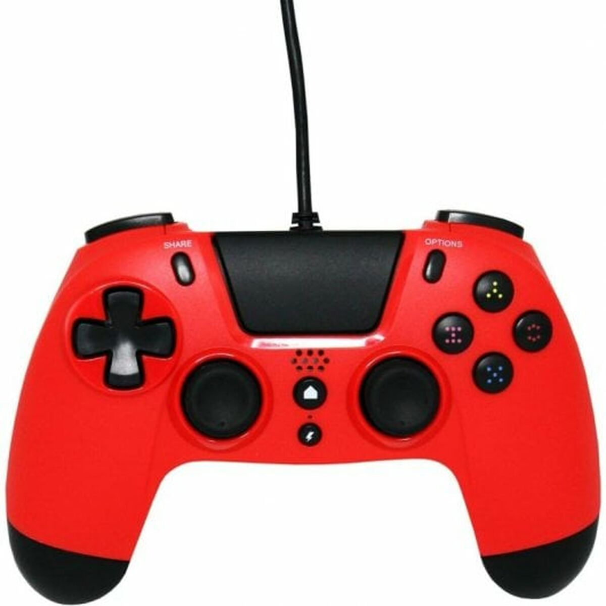 Ein roter Gamecontroller mit schwarzen Knöpfen und einem schwarzen Kabel.