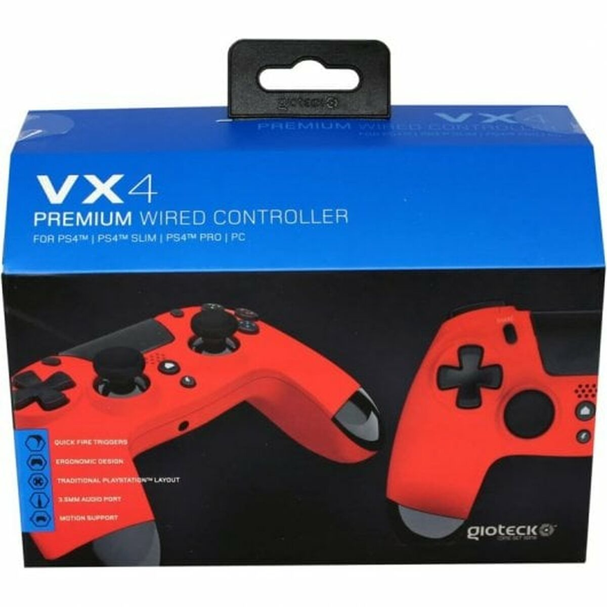 VX4 Premium Wired Controller Box für PS4/PS4 Slim/Pro/PC, mit roter Controller-Grafik.