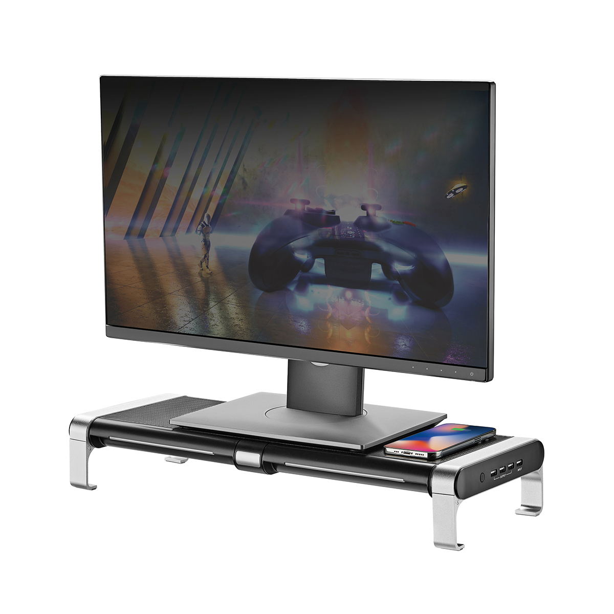 Monitor auf einem Ständer mit Telefon und einem Bild eines Gamecontrollers.