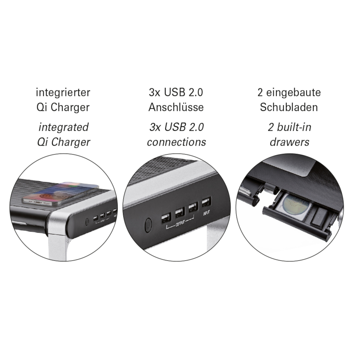 Nahaufnahmen eines Geräts mit USB-Anschlüssen und Schubladen.
