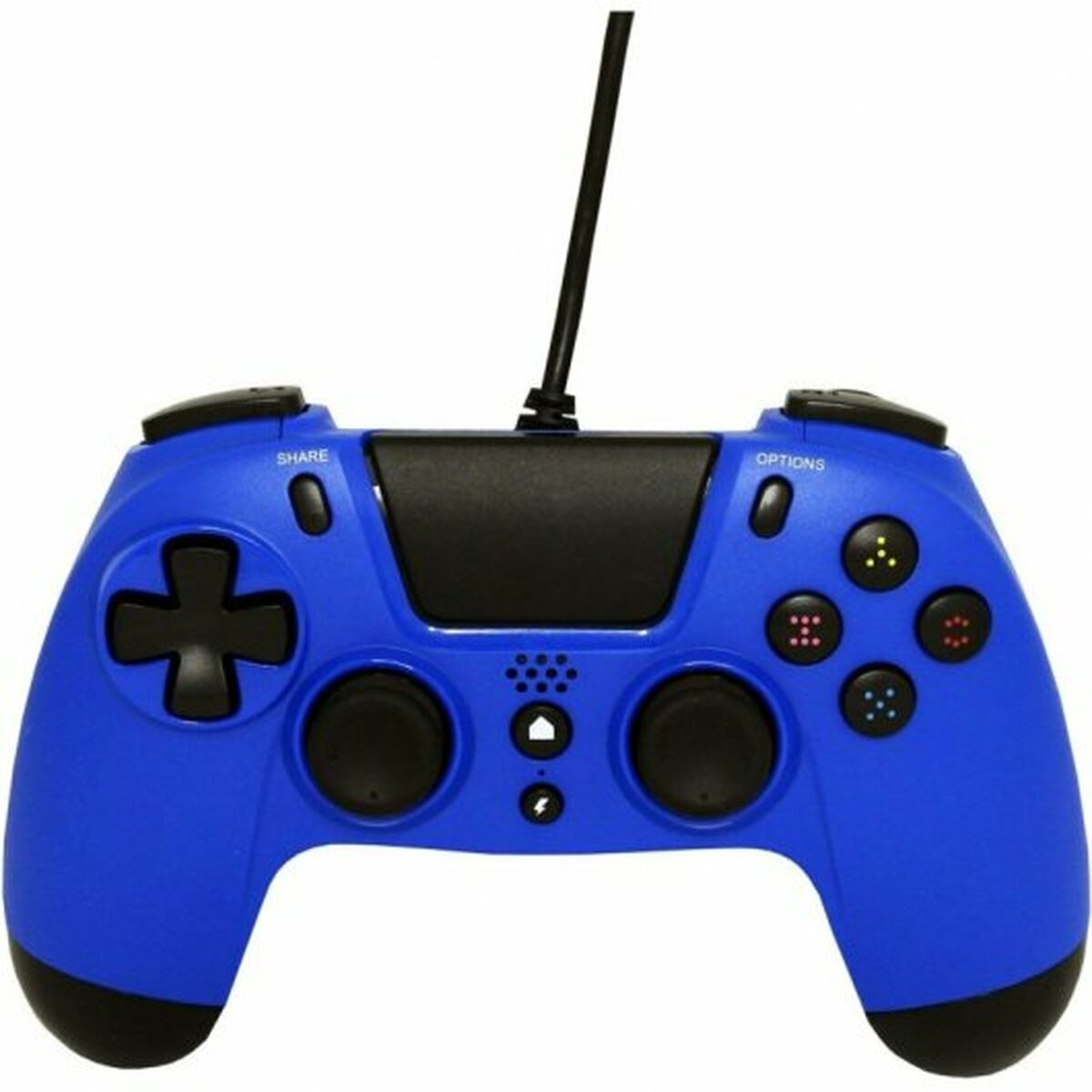 Ein blauer PS4-Controller mit schwarzen Knöpfen und einem schwarzen Kabel. Die Knöpfe sind Share, Options usw.