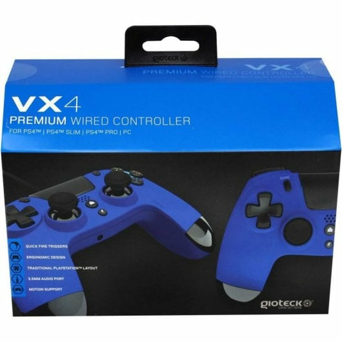 Blaue VX4 Premium Wired Controller Box für PS4, PS4 Slim, PS4 Pro und PC, mit Controller-Bildern.